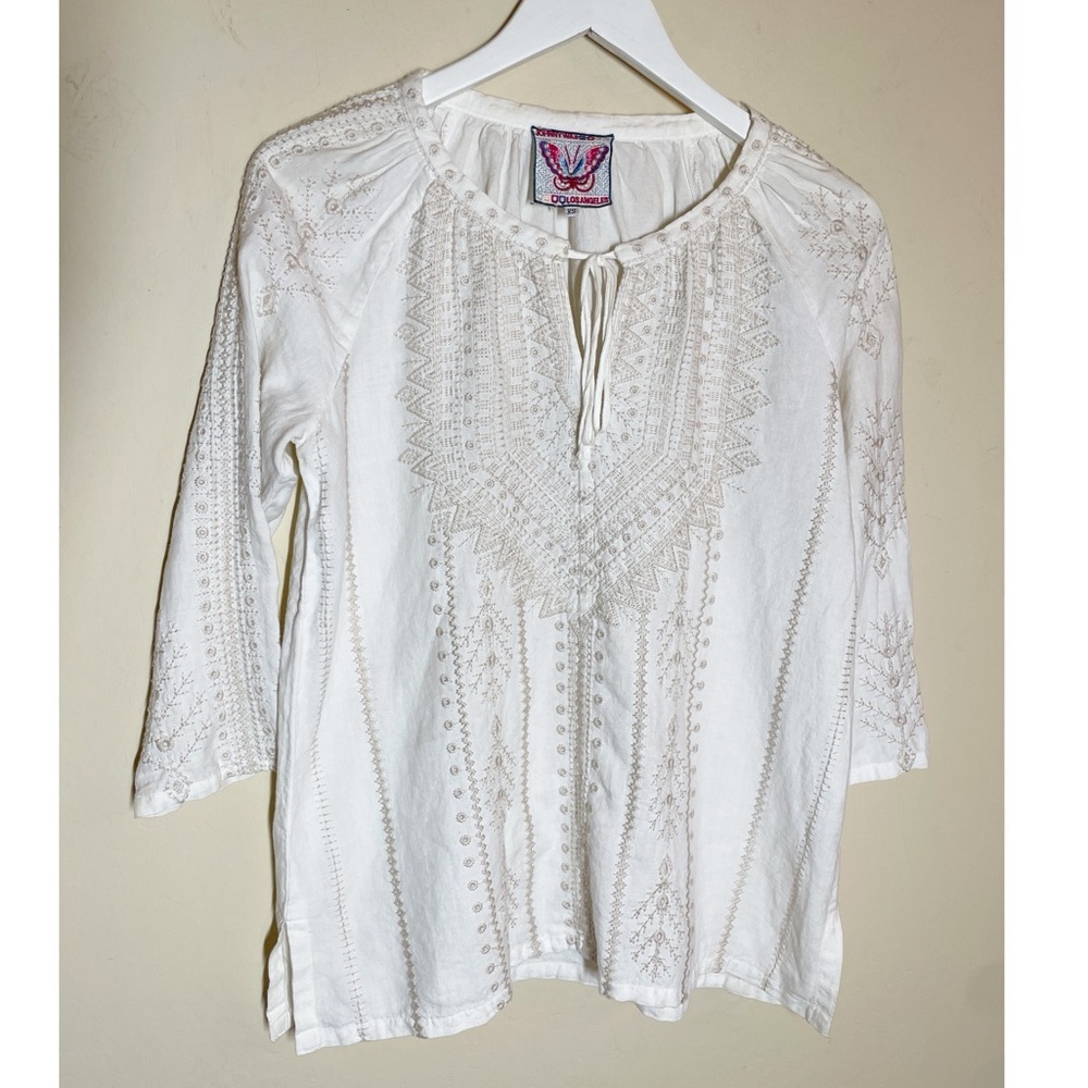 Johnny Was Embroidered 3/4 Sleeve Top - Cream Colored.